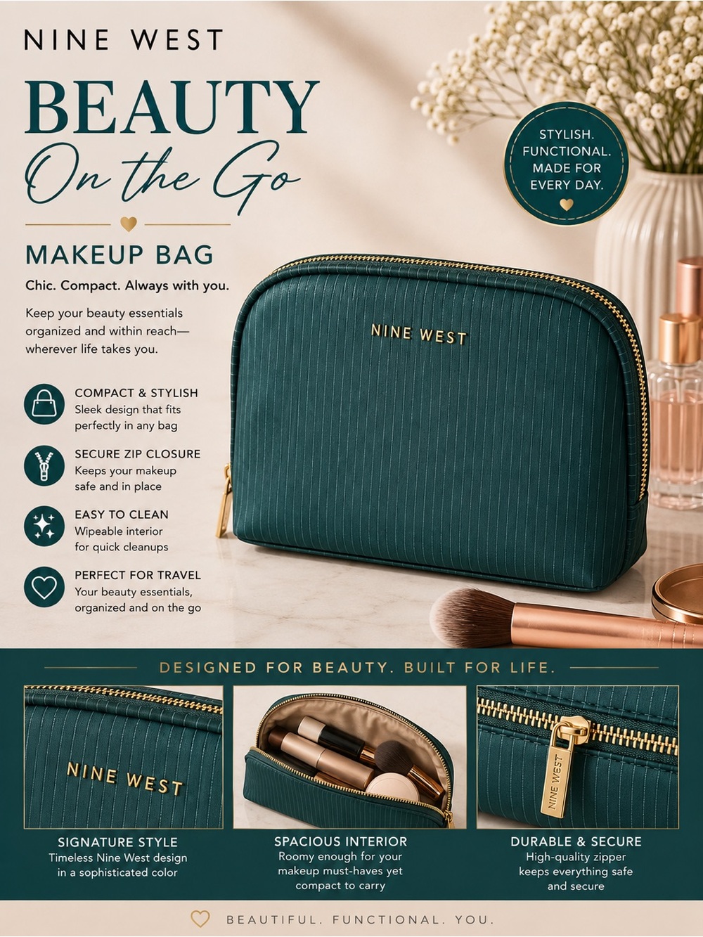 Nine West Dark Teal Quilted Makeup Bag with Gold Accents